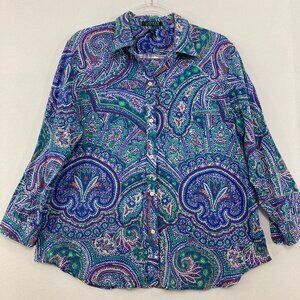 Lauren Ralph Lauren size XL Blue Multi Color Paisley Cotton Button Down Preppy